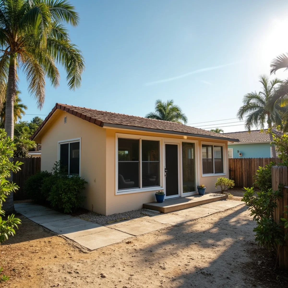Frame cottage with low-pitch shingle roof and flat-roof addition in Hobe Sound, FL