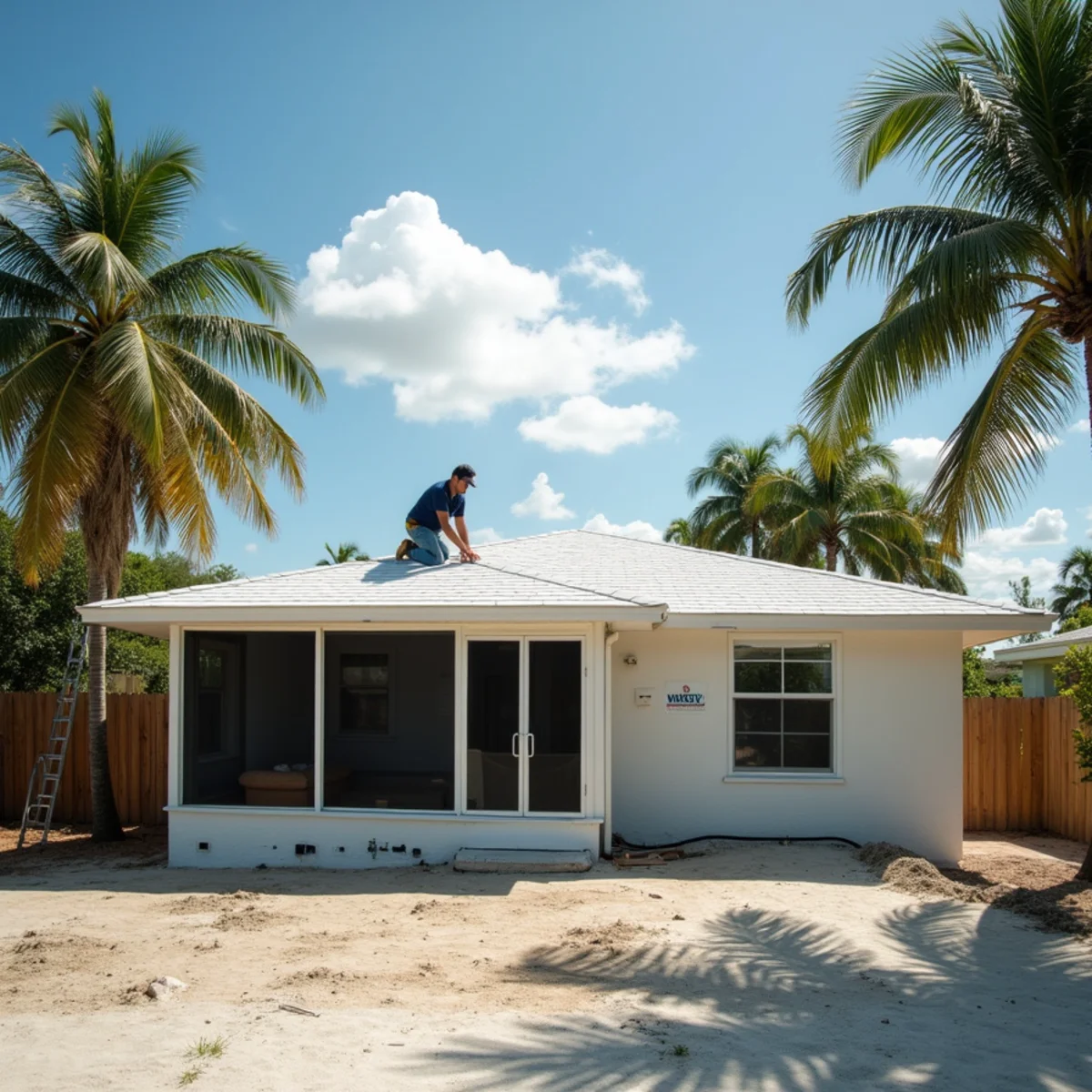 Roofer inspecting an older shingle roof on a Hobe Sound home among sand pines