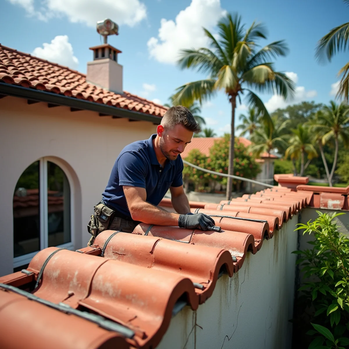 Roofer repairing clay barrel tile beside a parapet on a 1920s Hollywood home