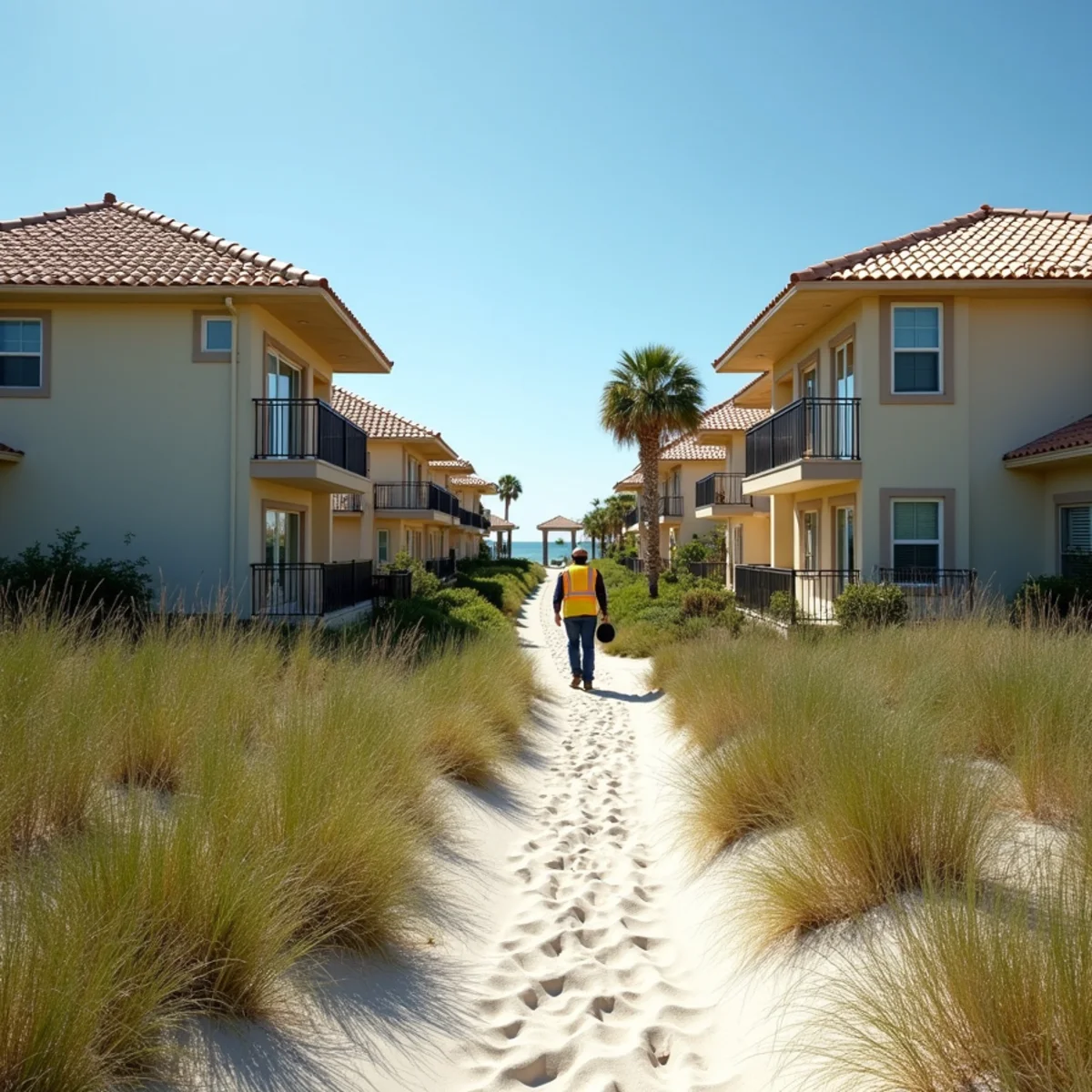 Townhomes with concrete tile roofs behind coastal dunes in Juno Beach, FL