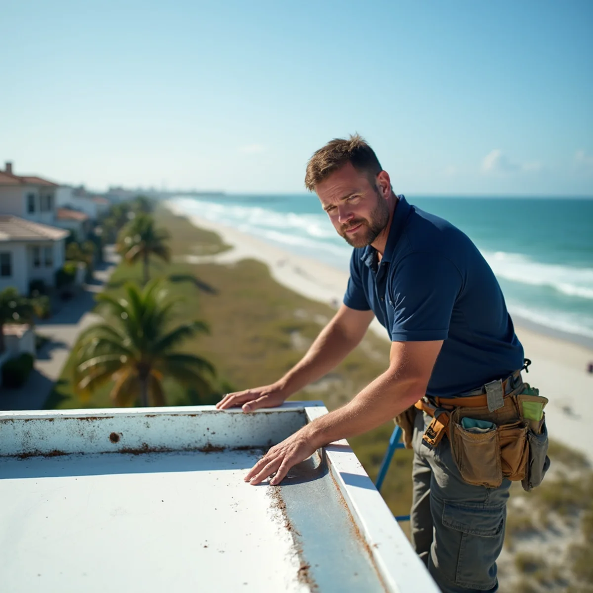 Roofer inspecting parapet flashing on a low-rise oceanfront condo in Juno Beach, FL