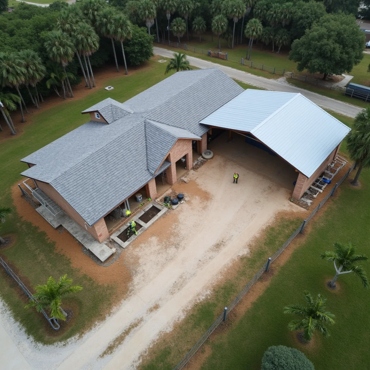 Aerial view of a Jupiter Farms, FL homestead with shingle roof house and metal pole barn