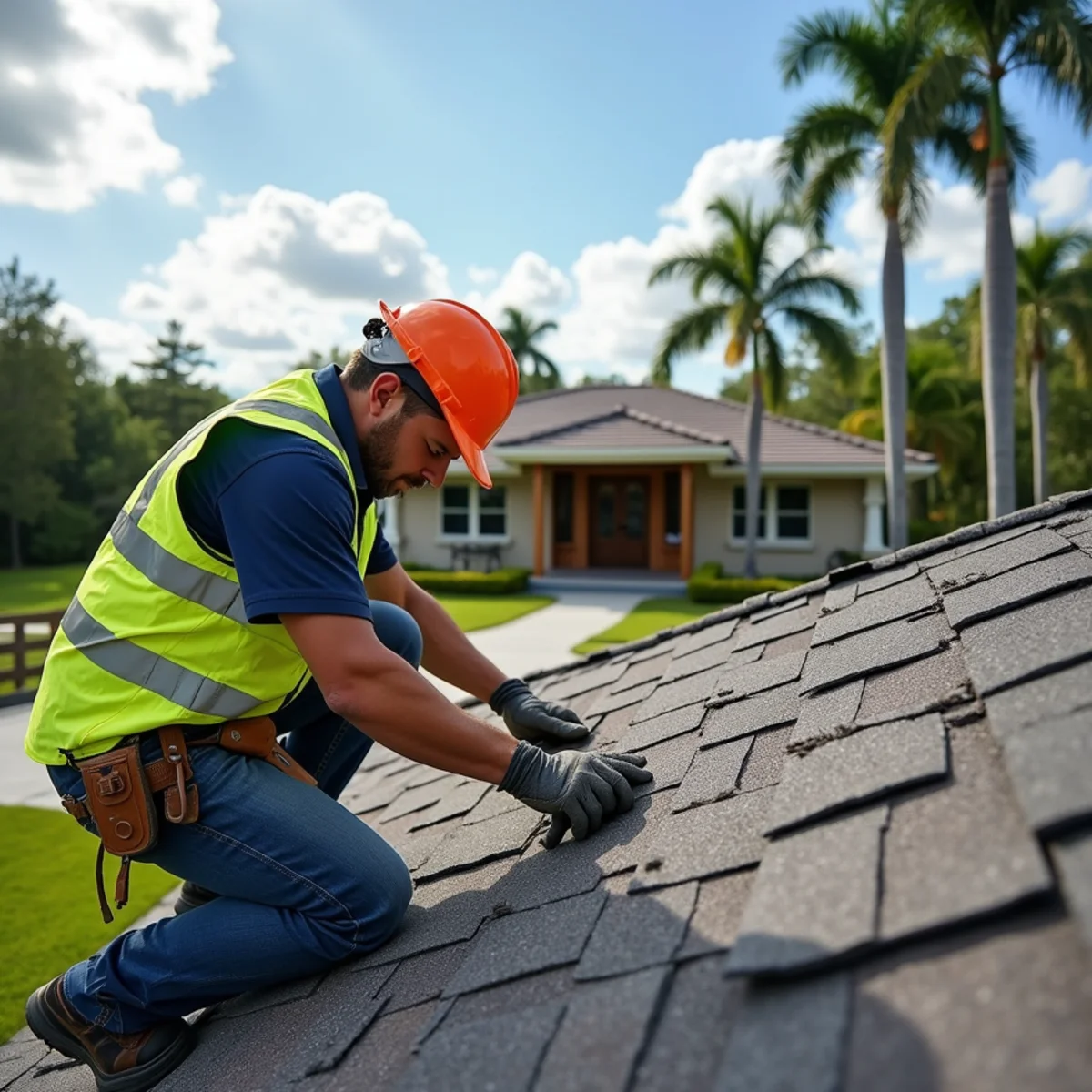 Roofer repairing storm damage on a ranch home and barn in Jupiter Farms, FL