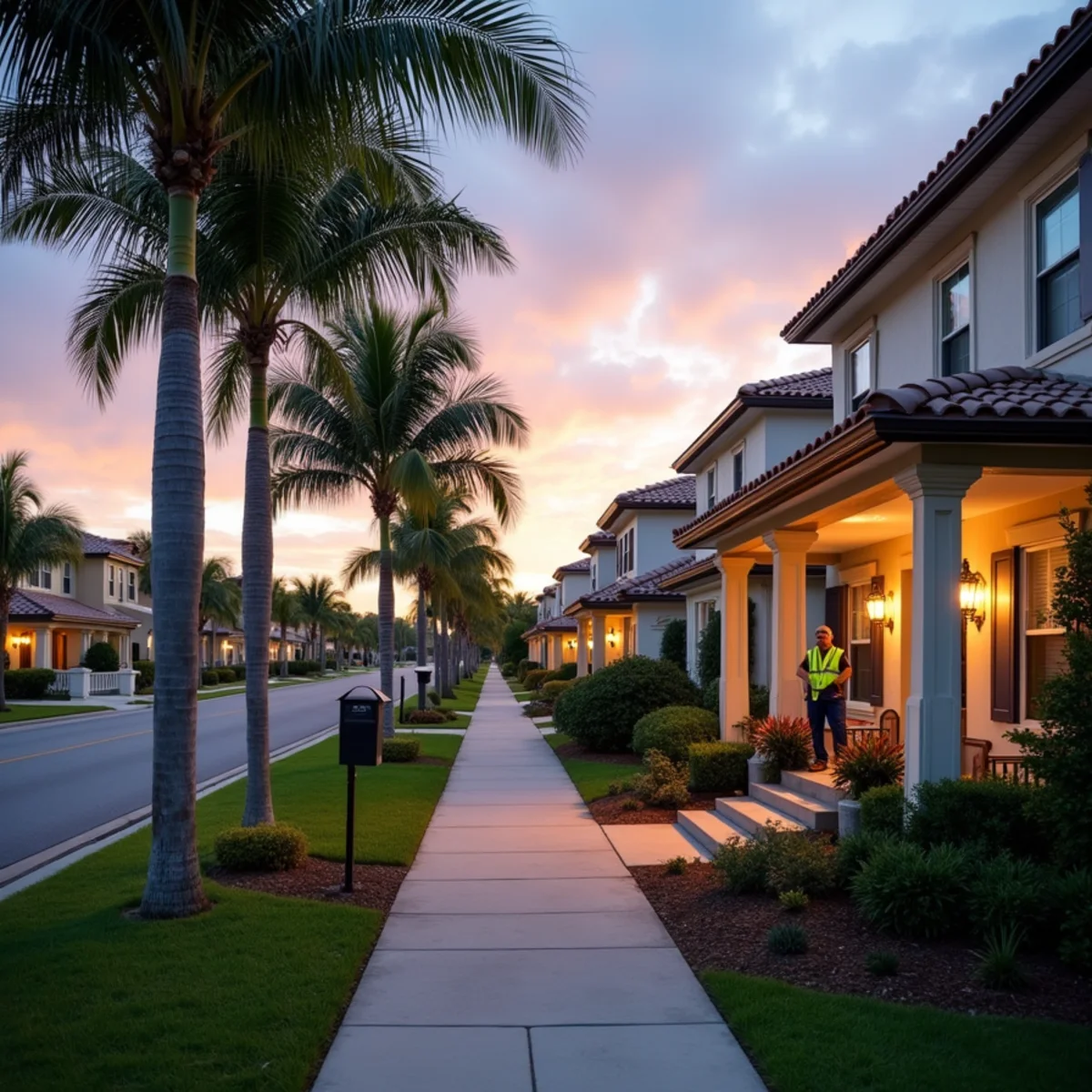 Two-story homes with concrete tile and shingle roofs on a tree-lined Abacoa street in Jupiter, FL