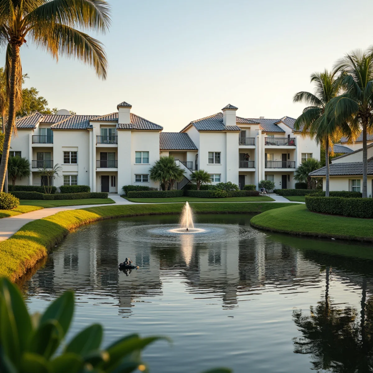 Two-story 1970s condo buildings with low-slope roofs beside a lake in Kings Point, FL