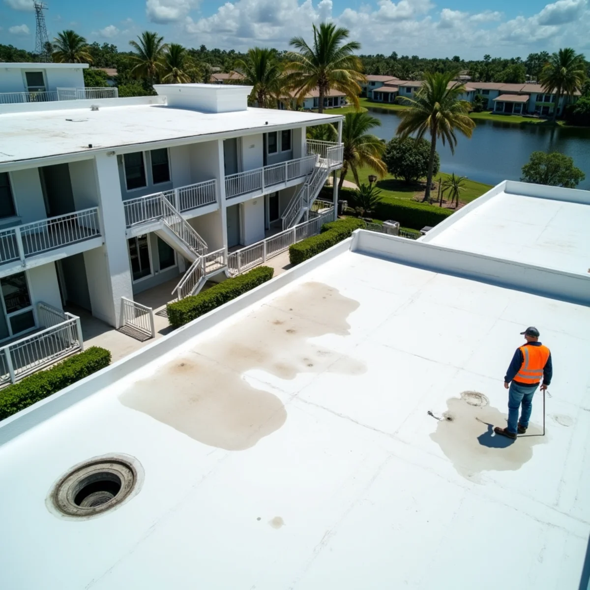 Roofer clearing a drain on a flat roof of a two-story Kings Point condo building in Delray Beach