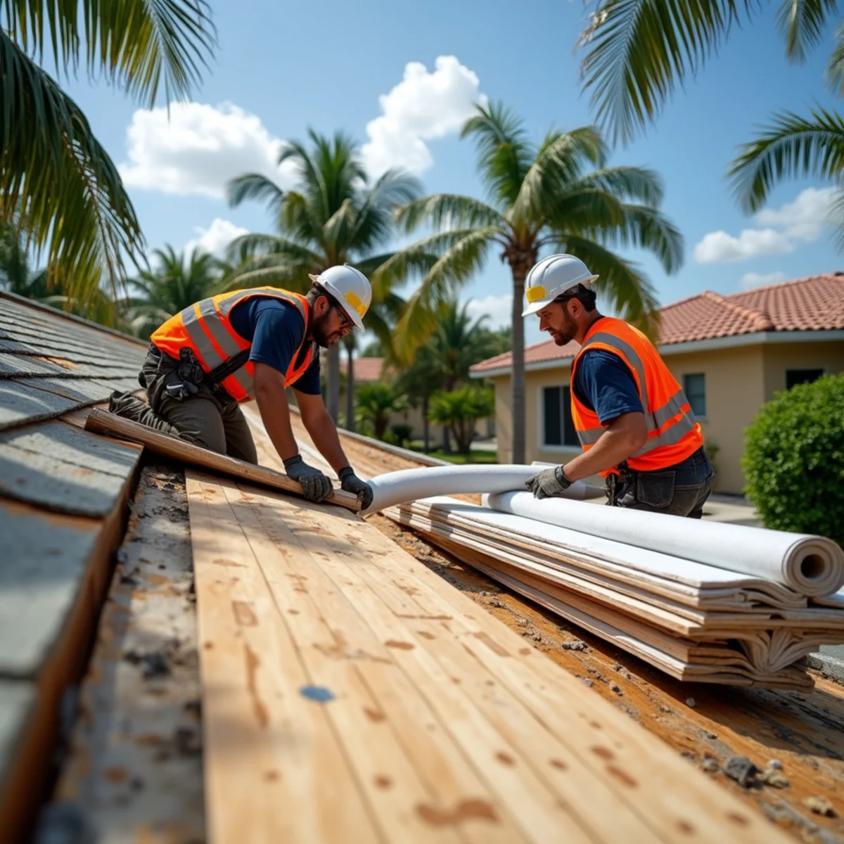 Roofers replacing old board decking during a re-roof in Lake Park, FL