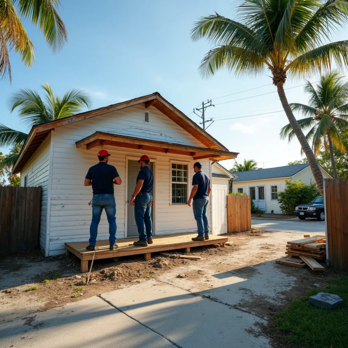 Roofers repairing the board decking on a 1920s frame cottage in Lake Worth Beach, FL
