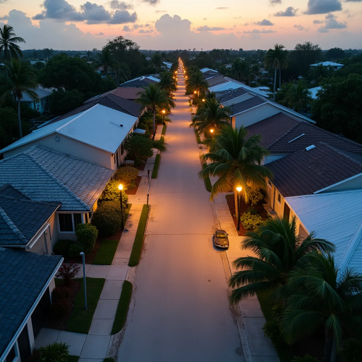 Dense street of 1960s block homes with shingle roofs and flat additions, Lake Worth Corridor, FL