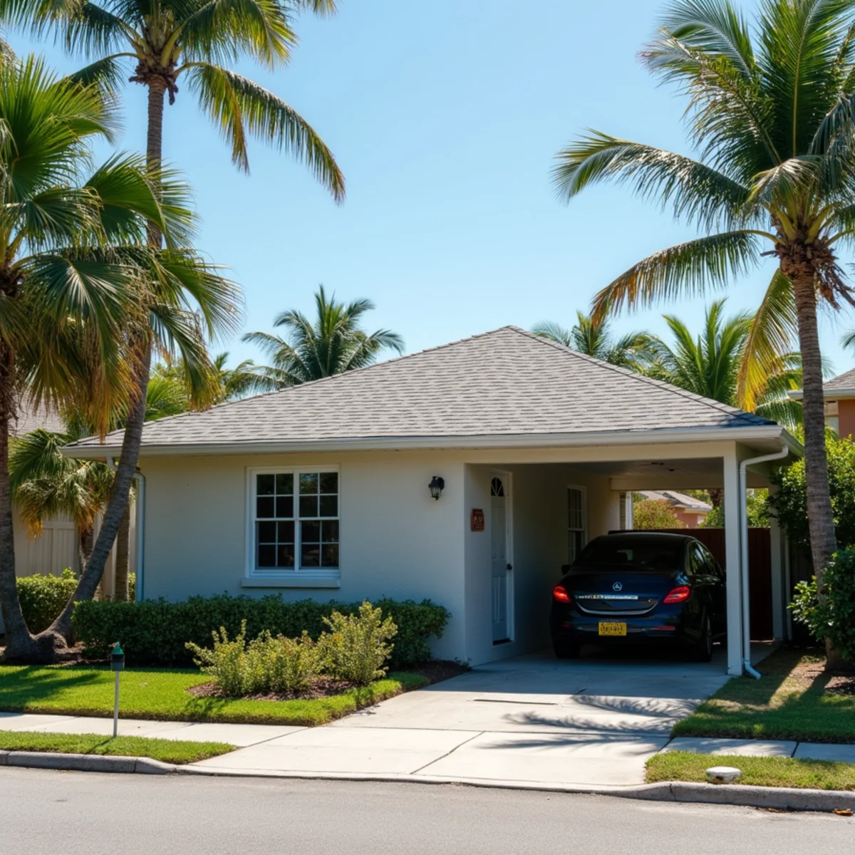 1950s block cottage with shingle roof and flat carport roof in coastal Lantana, FL