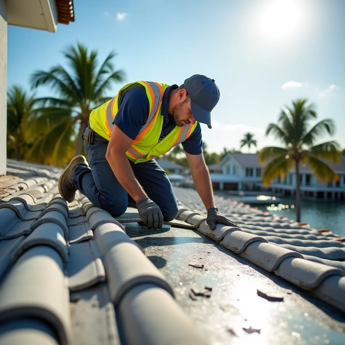 Roofer replacing corroded valley flashing on a coastal home in Lantana, FL
