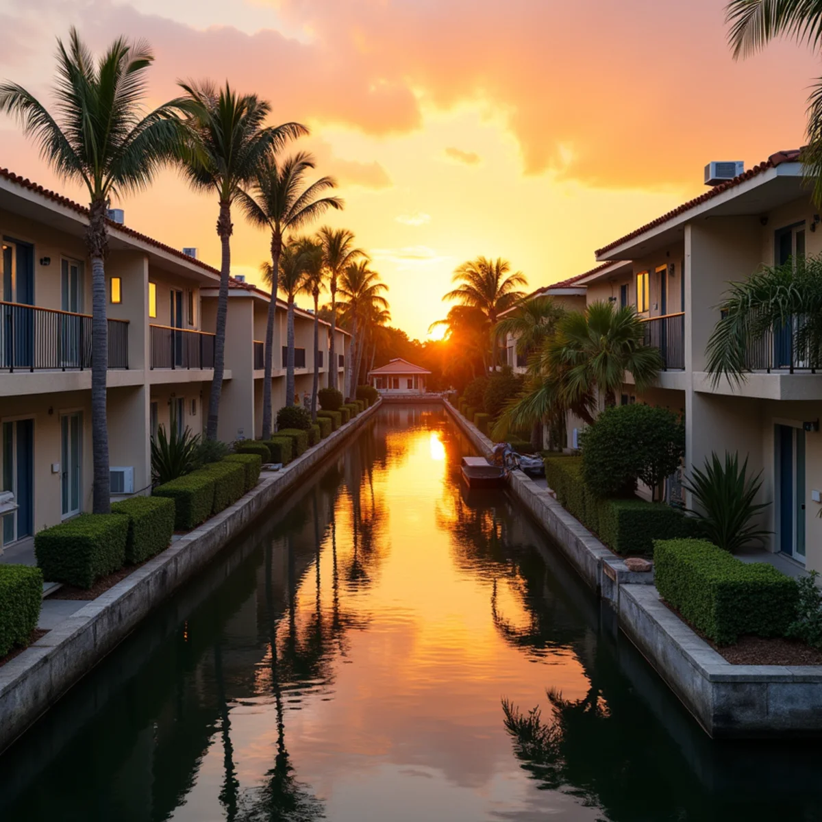 Garden-style condo buildings with flat roofs along a canal in Lauderdale Lakes, FL