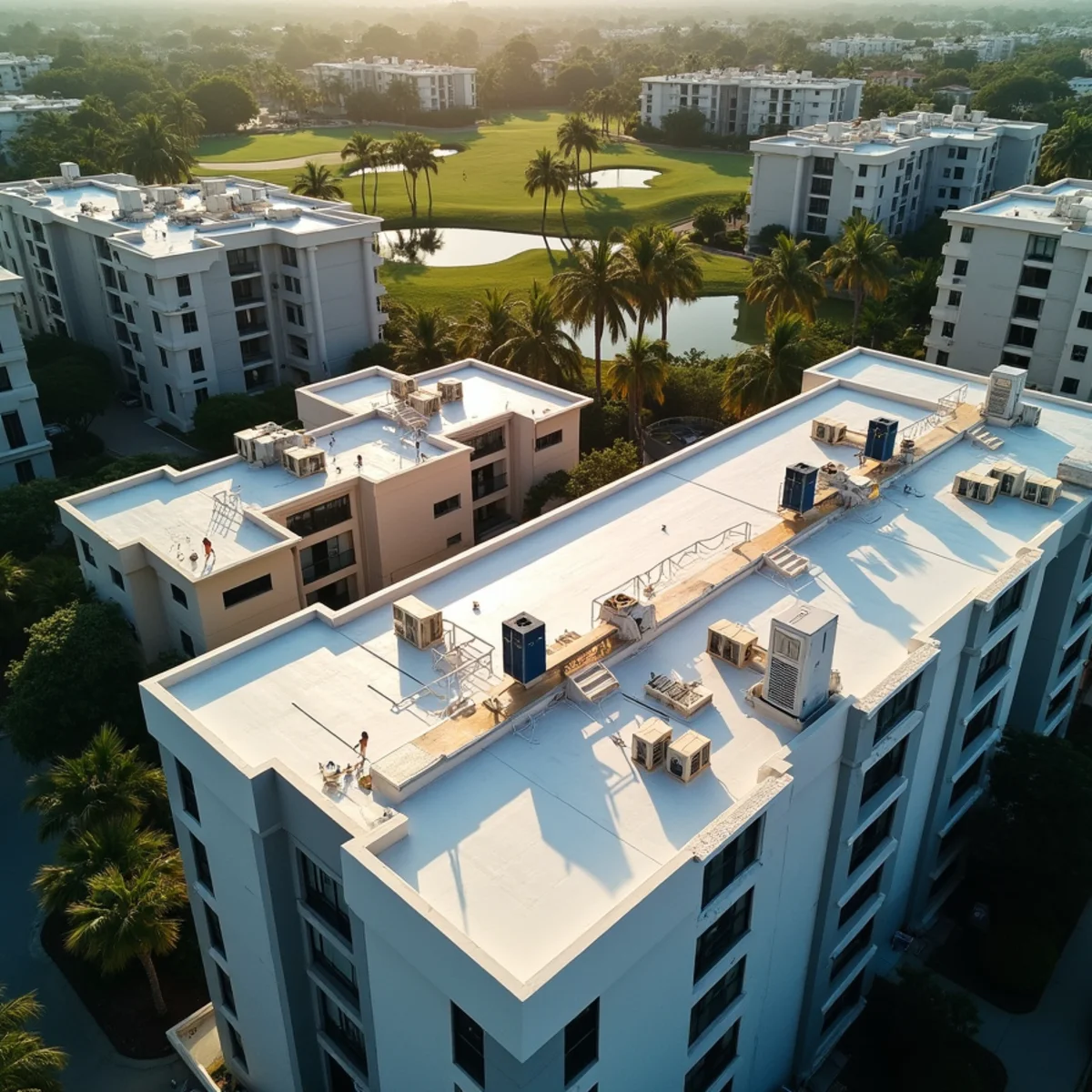 Aerial view of low-slope condo roofs with rooftop AC units in Lauderhill, FL