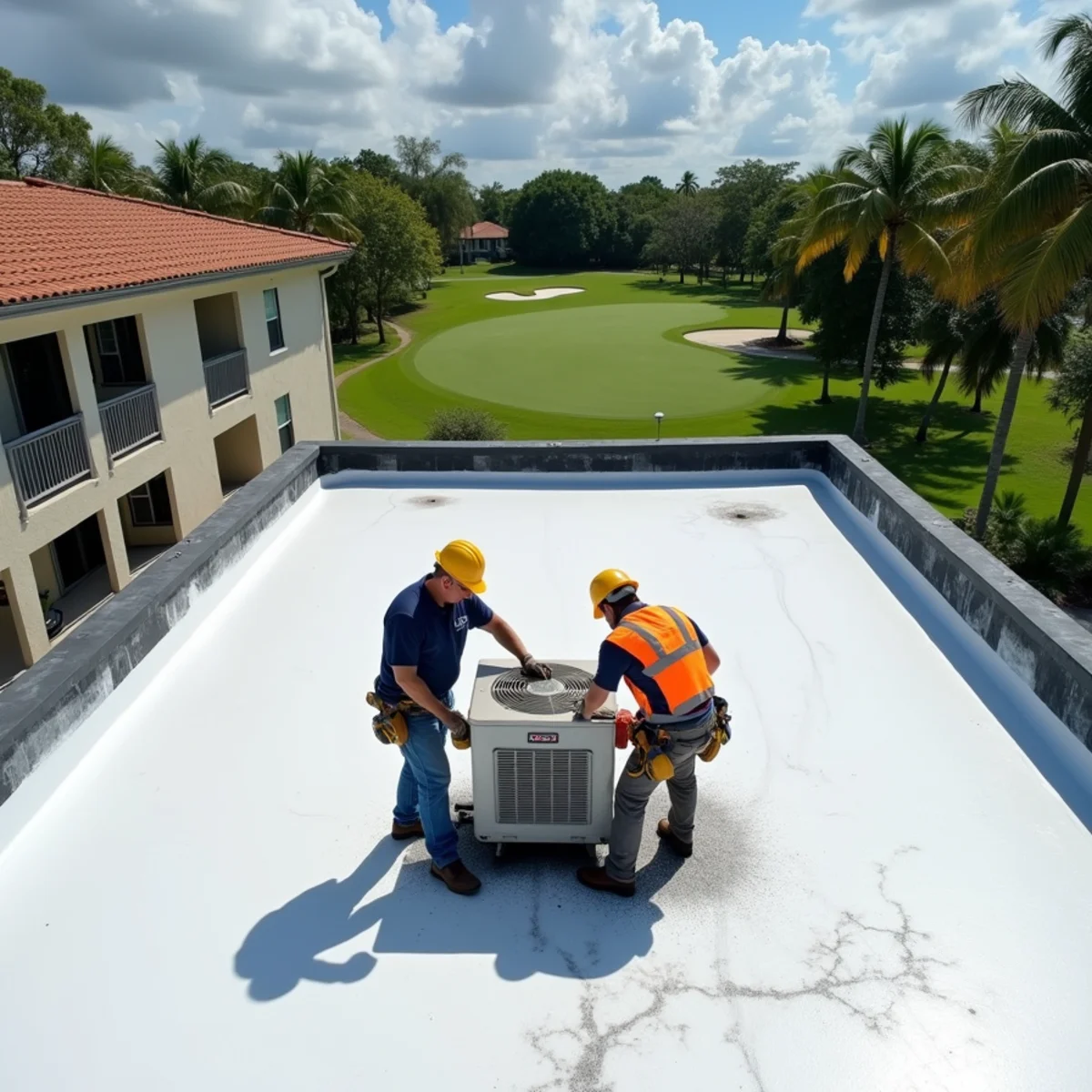 Roofers resealing an AC curb on a flat condo roof in Lauderhill