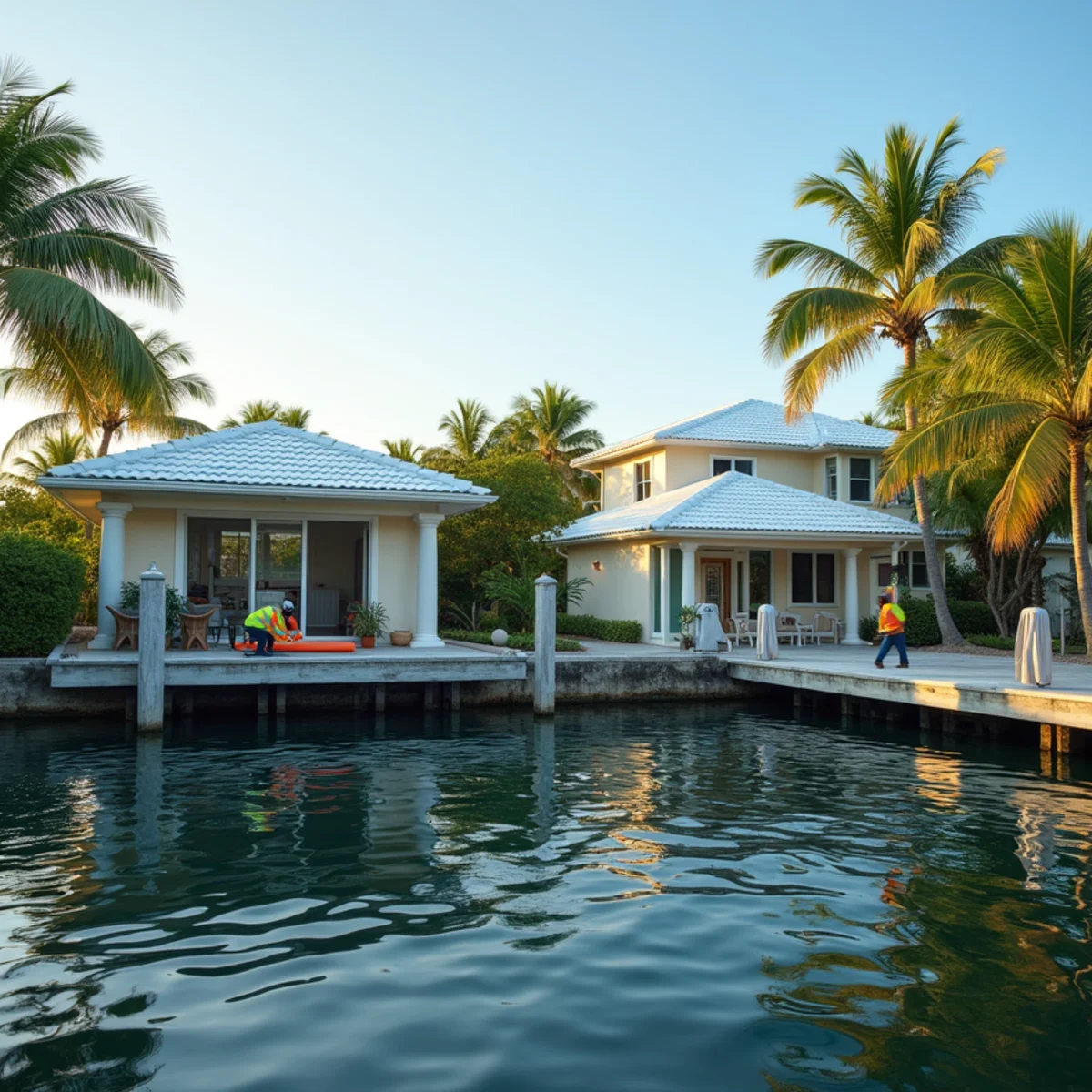 Canal-front homes with low-slope and barrel tile roofs seen from the water in Lighthouse Point, FL