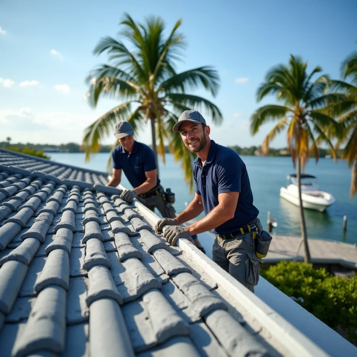 Roofer resetting concrete tile on a canal-front home in Lighthouse Point, FL