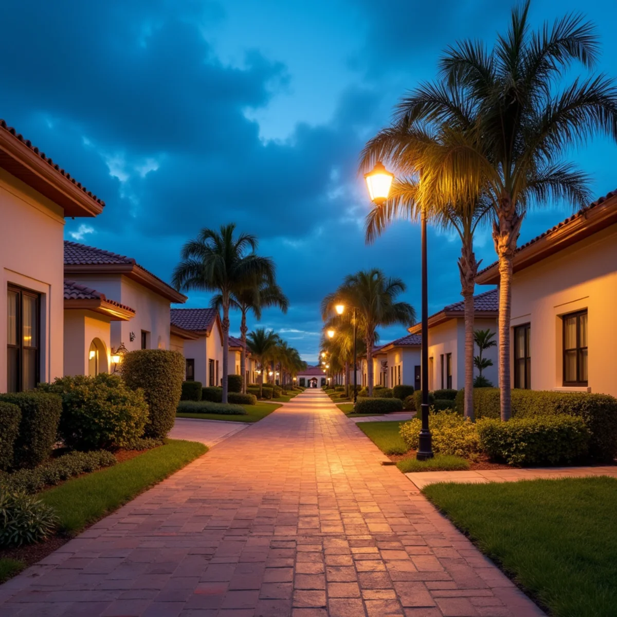 1990s stucco homes with weathered terracotta barrel tile roofs on a street in Mission Bay, FL