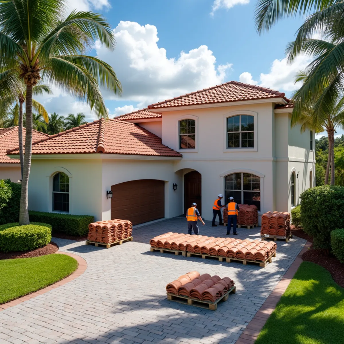 Tile re-roof in progress on a 1990s Mission Bay home in West Boca Raton