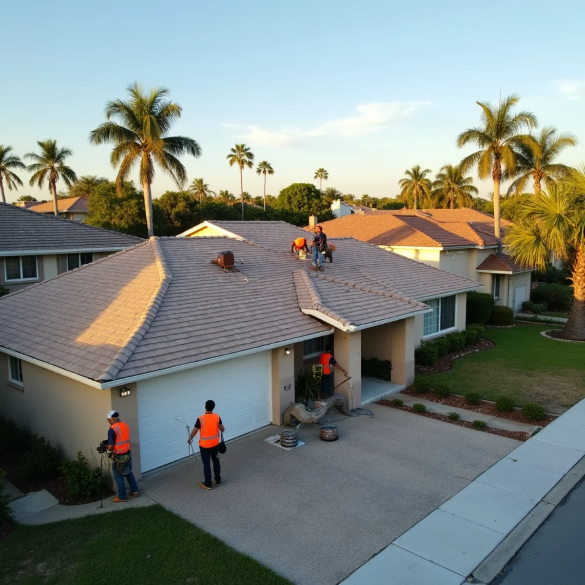Roofing crew replacing shingles on a 1970s block home in North Lauderdale, FL