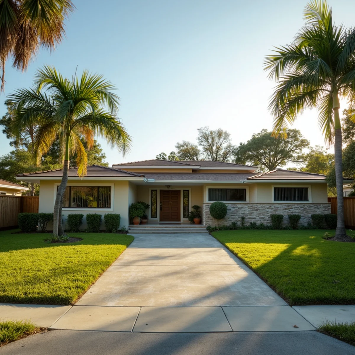 Mid-century ranch home with shallow-pitch roof and flat carport in North Palm Beach, FL
