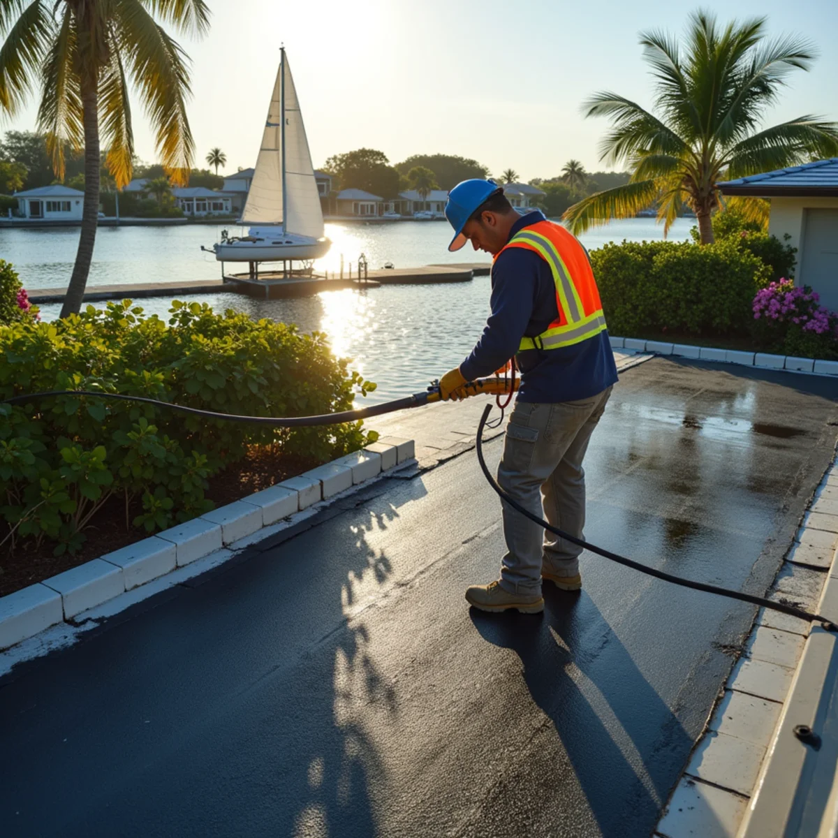 Roofer repairing a low-slope roof on a mid-century canal home in North Palm Beach, FL