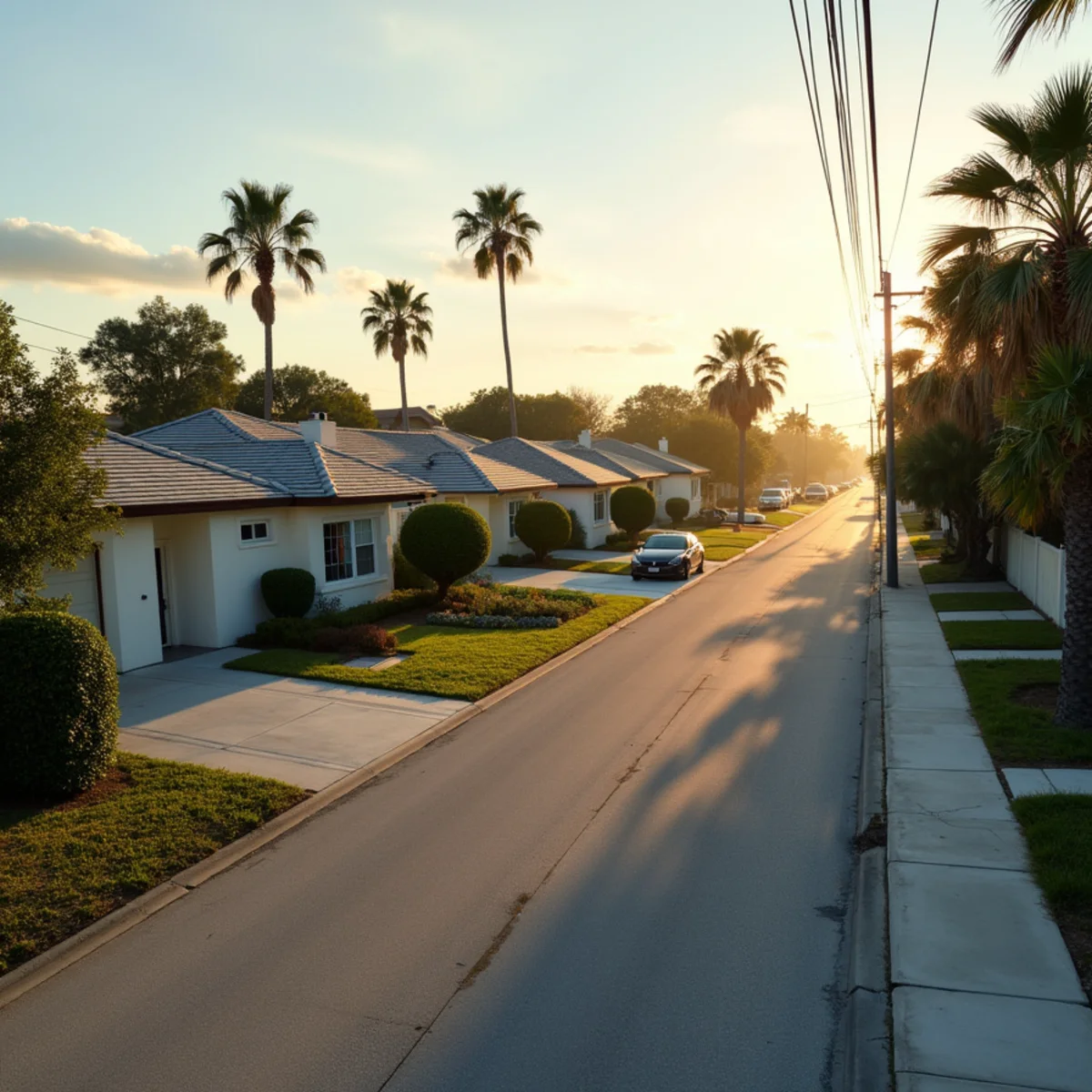 Row of 1950s ranch homes with shingle and flat tile roofs in Oakland Park, FL