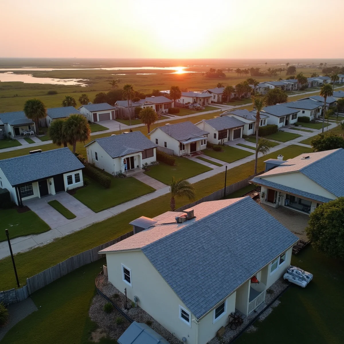 Shingle rooftops of Pahokee, FL homes seen from the Herbert Hoover Dike trail
