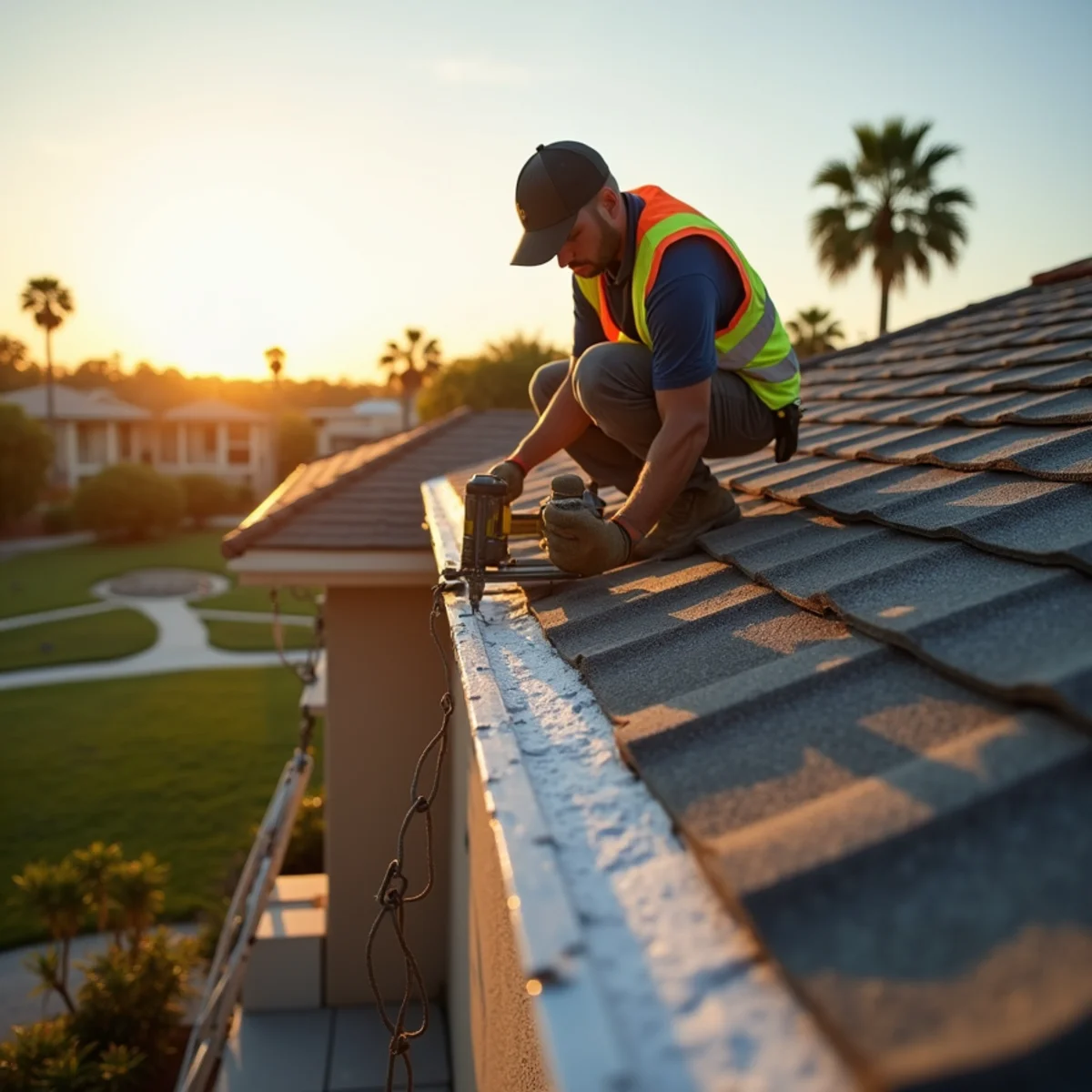 Roofer replacing wind-lifted shingles on a lakeside block home in Pahokee, FL