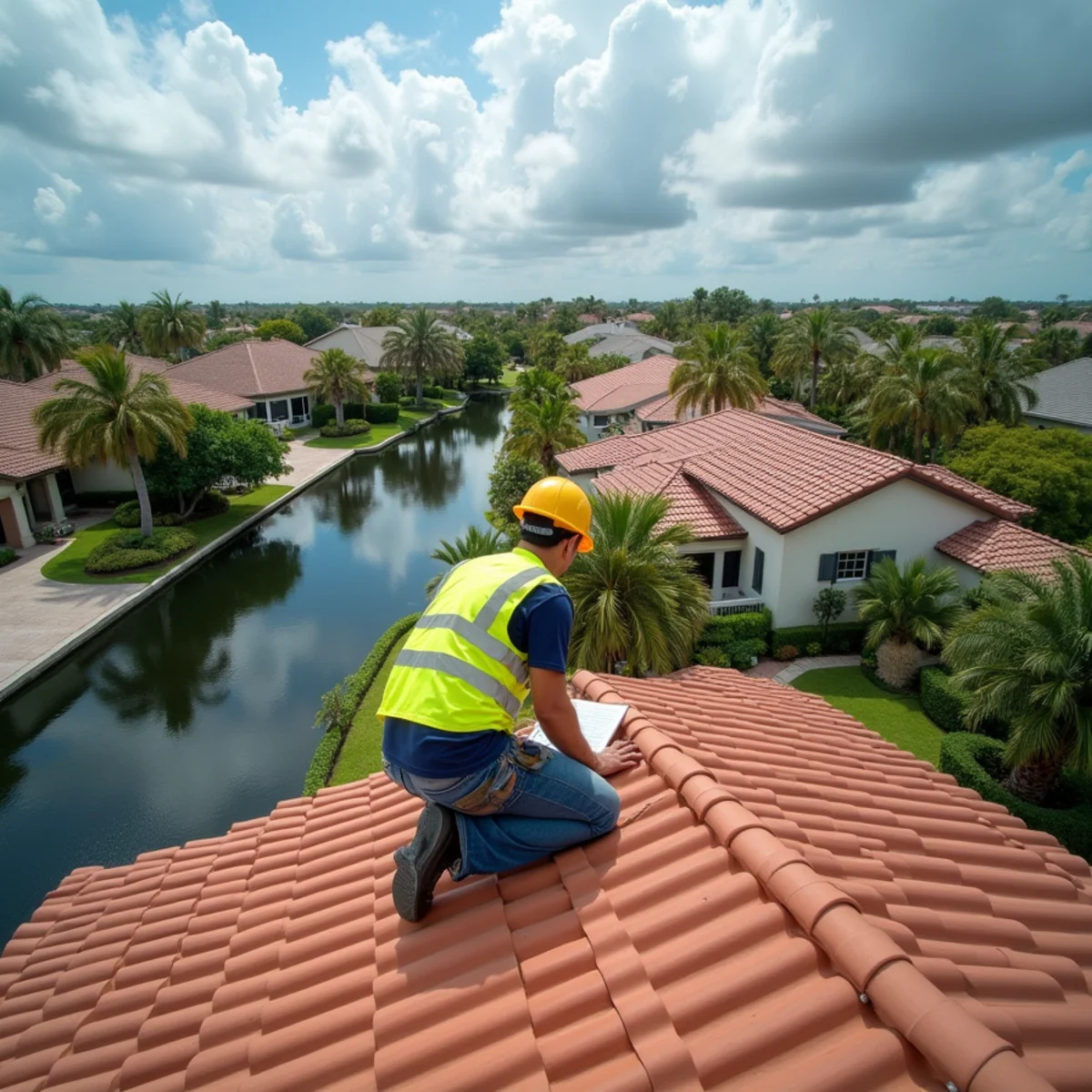 Roofer inspecting a concrete barrel tile roof on a stucco home in south Palm Beach County