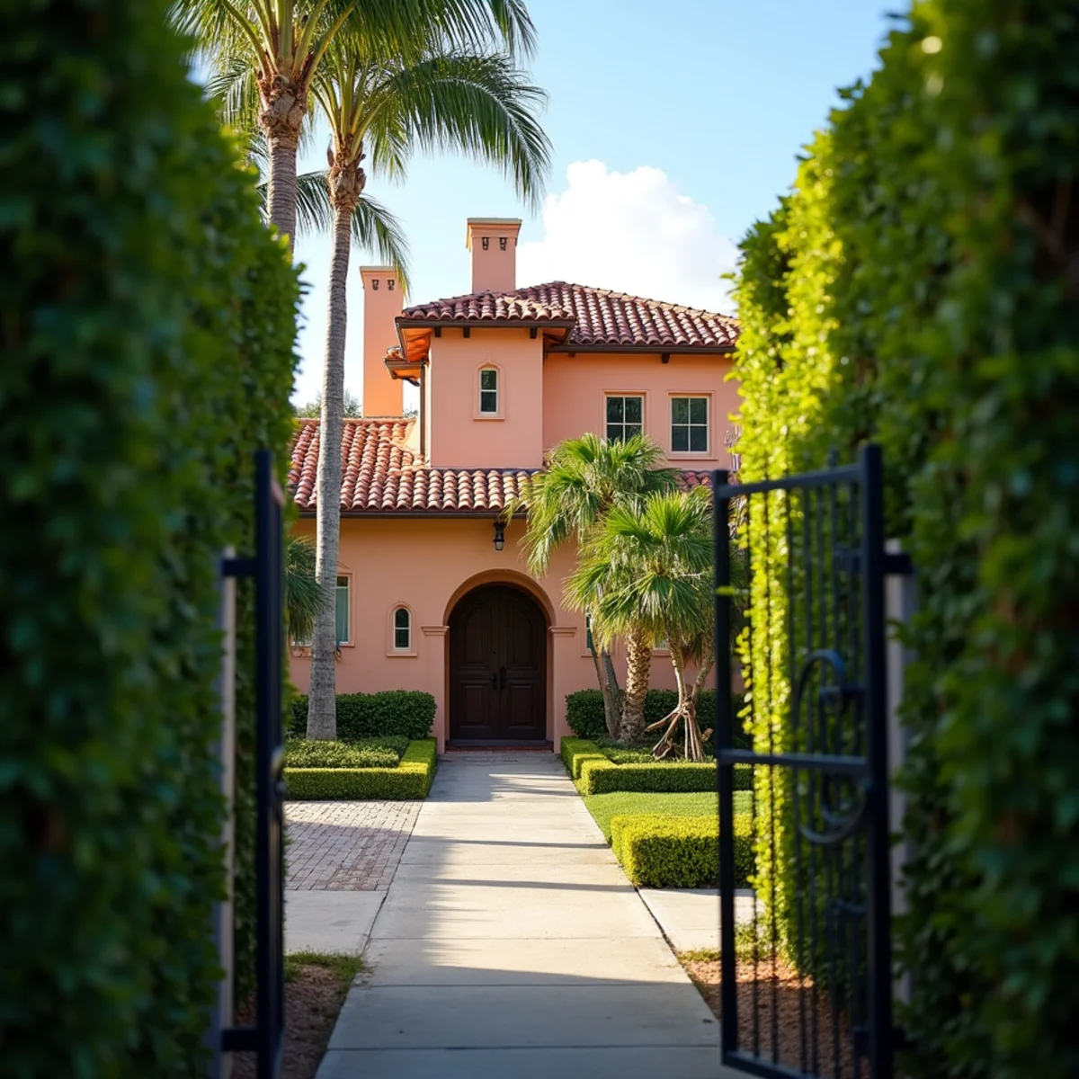 Mediterranean Revival estate with aged clay barrel tile roof behind hedges in Palm Beach, FL