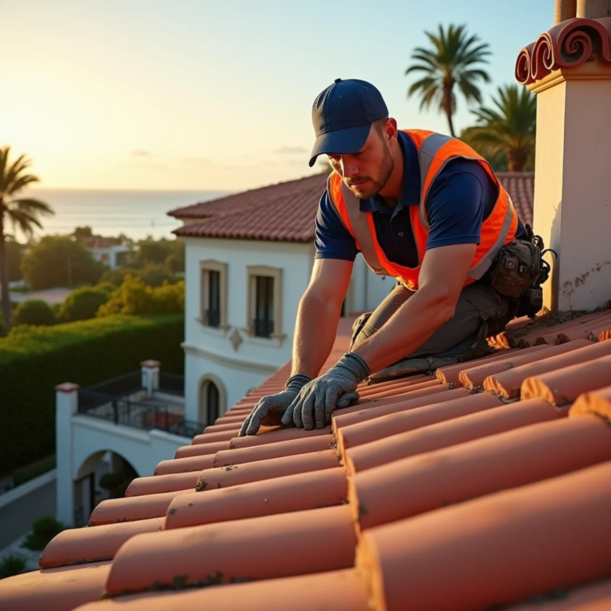 Roofer restoring a clay barrel tile roof on a Mediterranean estate in Palm Beach, FL