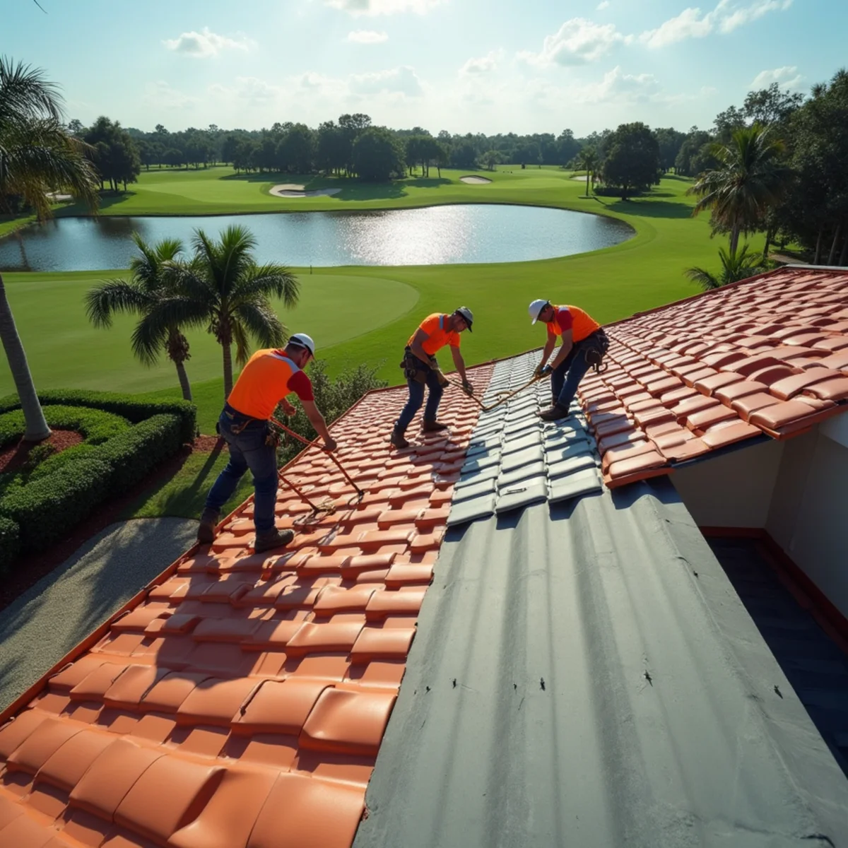 Roofers replacing a concrete tile roof in a gated golf community in Palm Beach Gardens, FL