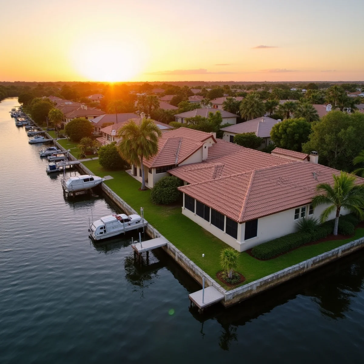 Riverfront homes with concrete tile roofs on the St. Lucie South Fork, Palm City, FL
