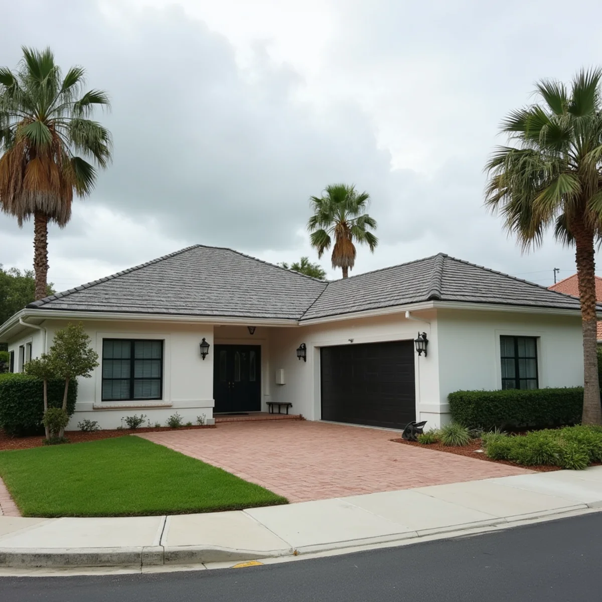 Low-pitch 1950s ranch home with shingle roof and patio addition in Palm Springs, FL