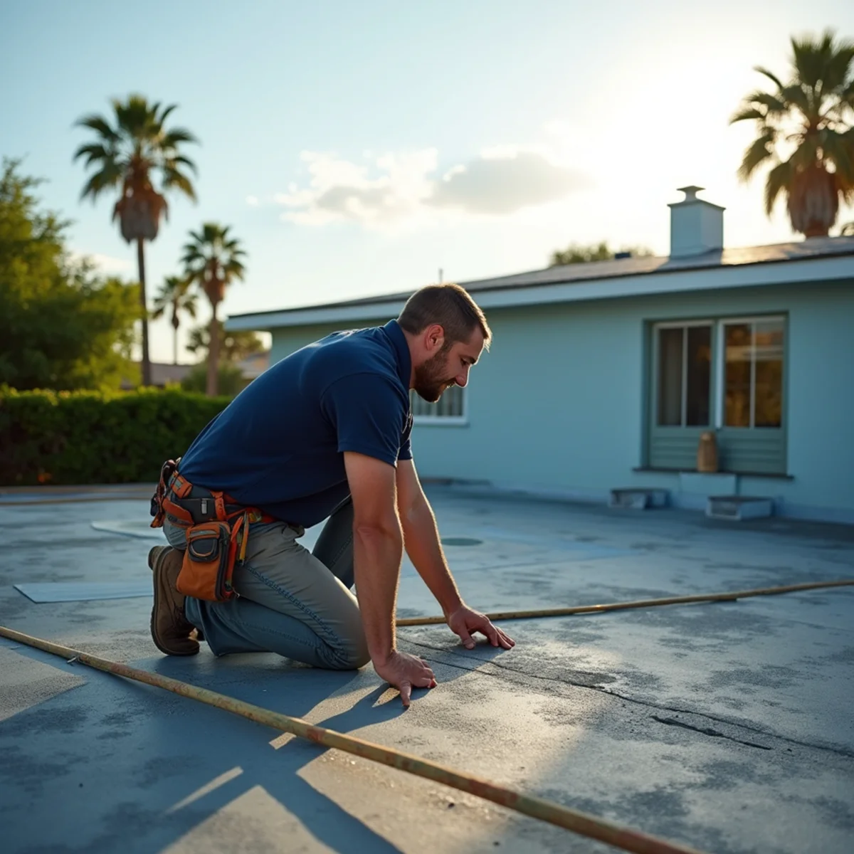 Roofer inspecting a low-slope Florida room roof on a ranch home in Palm Springs, FL