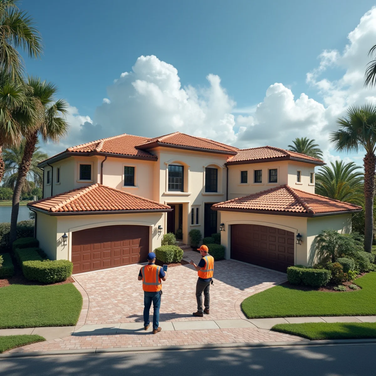 Large barrel tile estate roof being inspected by a roofer in Parkland, Broward County