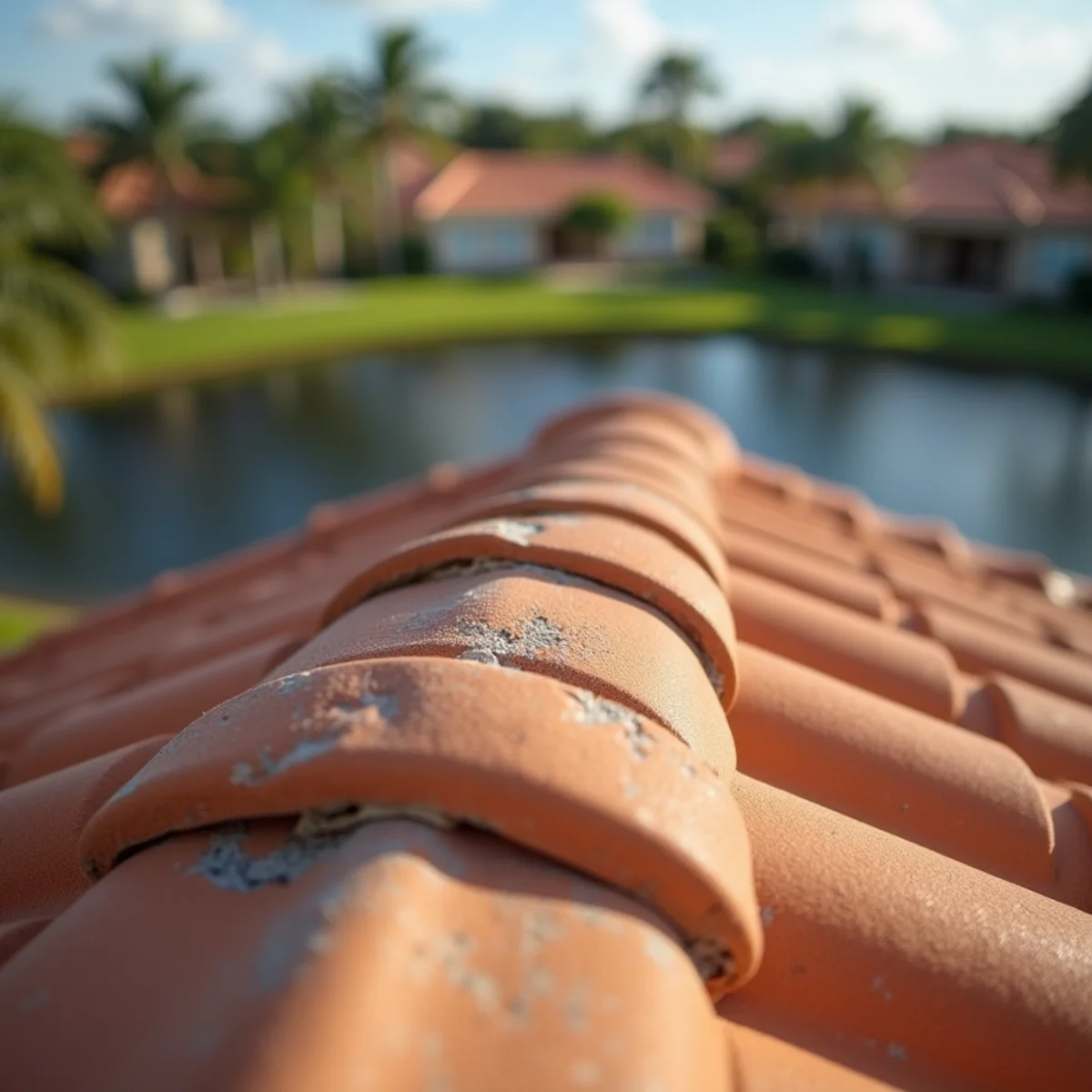 Detail of concrete S-tile hip ridge with aging mortar on a Pembroke Pines, FL home