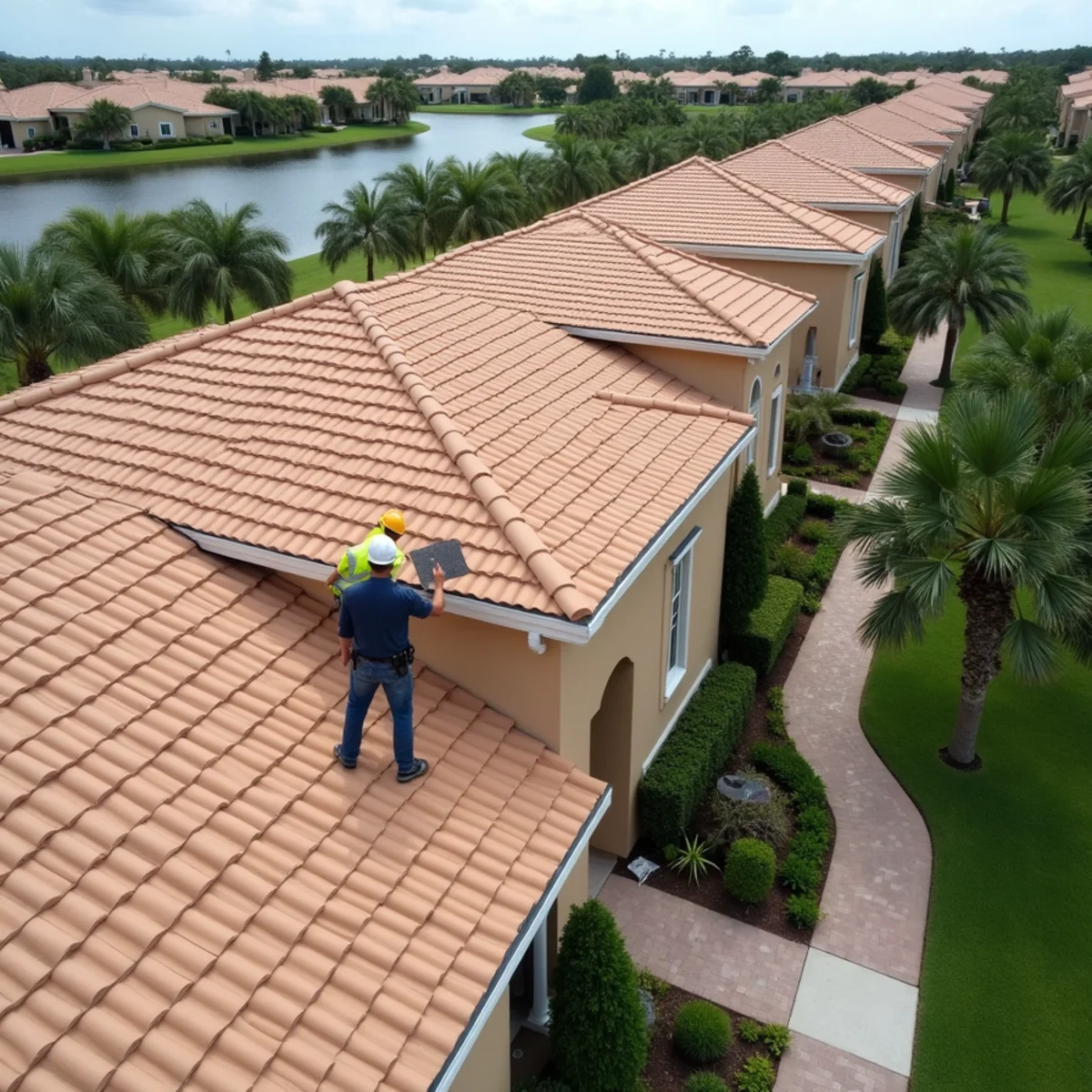 Roofer comparing tile samples on a Pembroke Pines home in a planned community