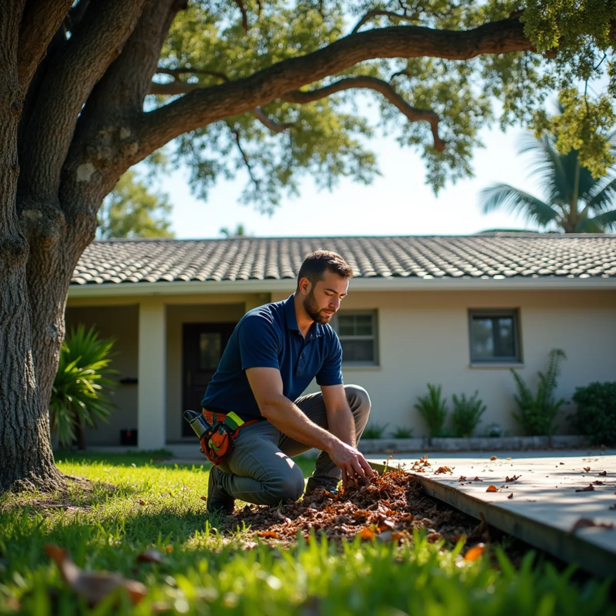 Roofer clearing oak leaves from a tile roof valley on a shaded Plantation home