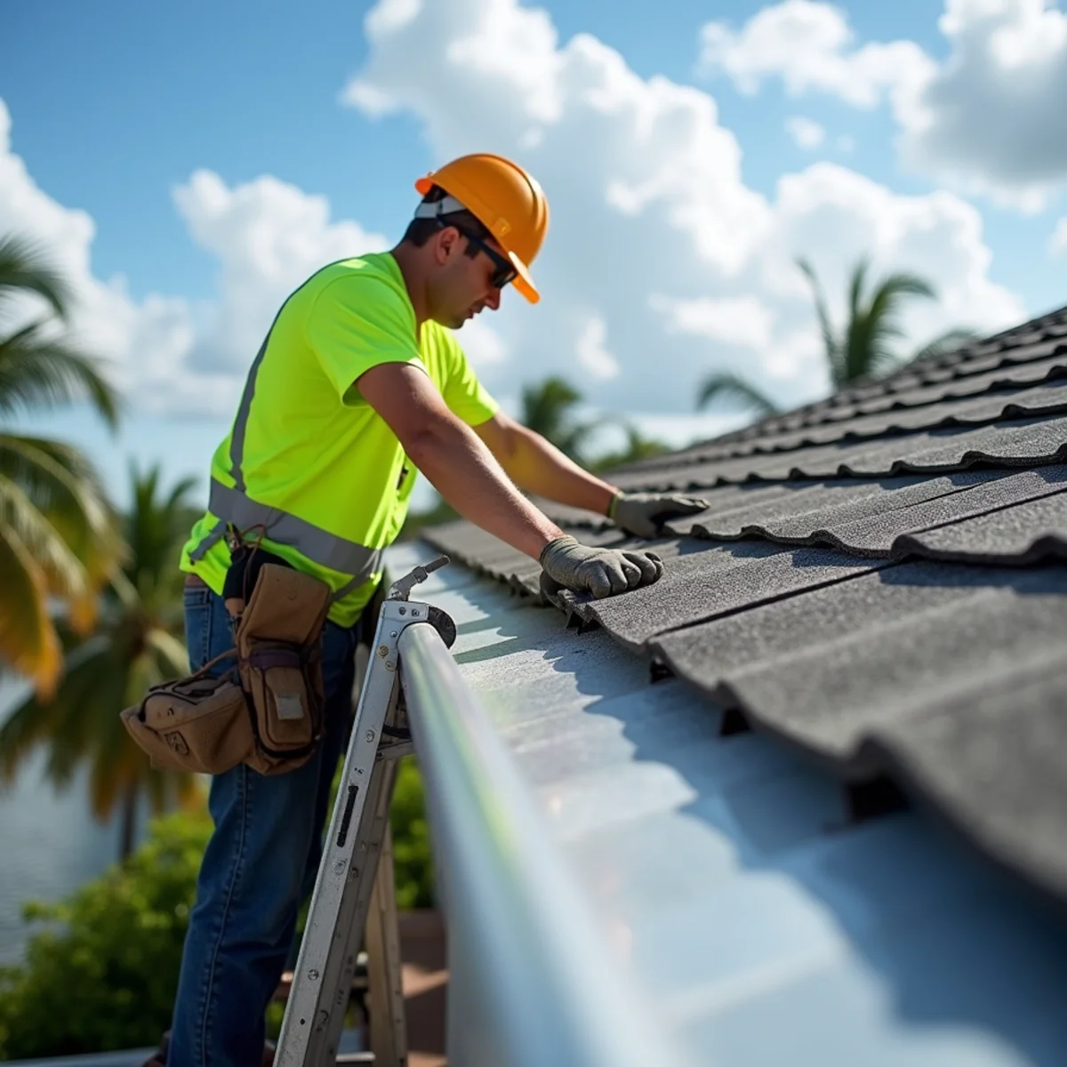 Roofer installing new drip edge on a mid-century block home in Pompano Beach, FL