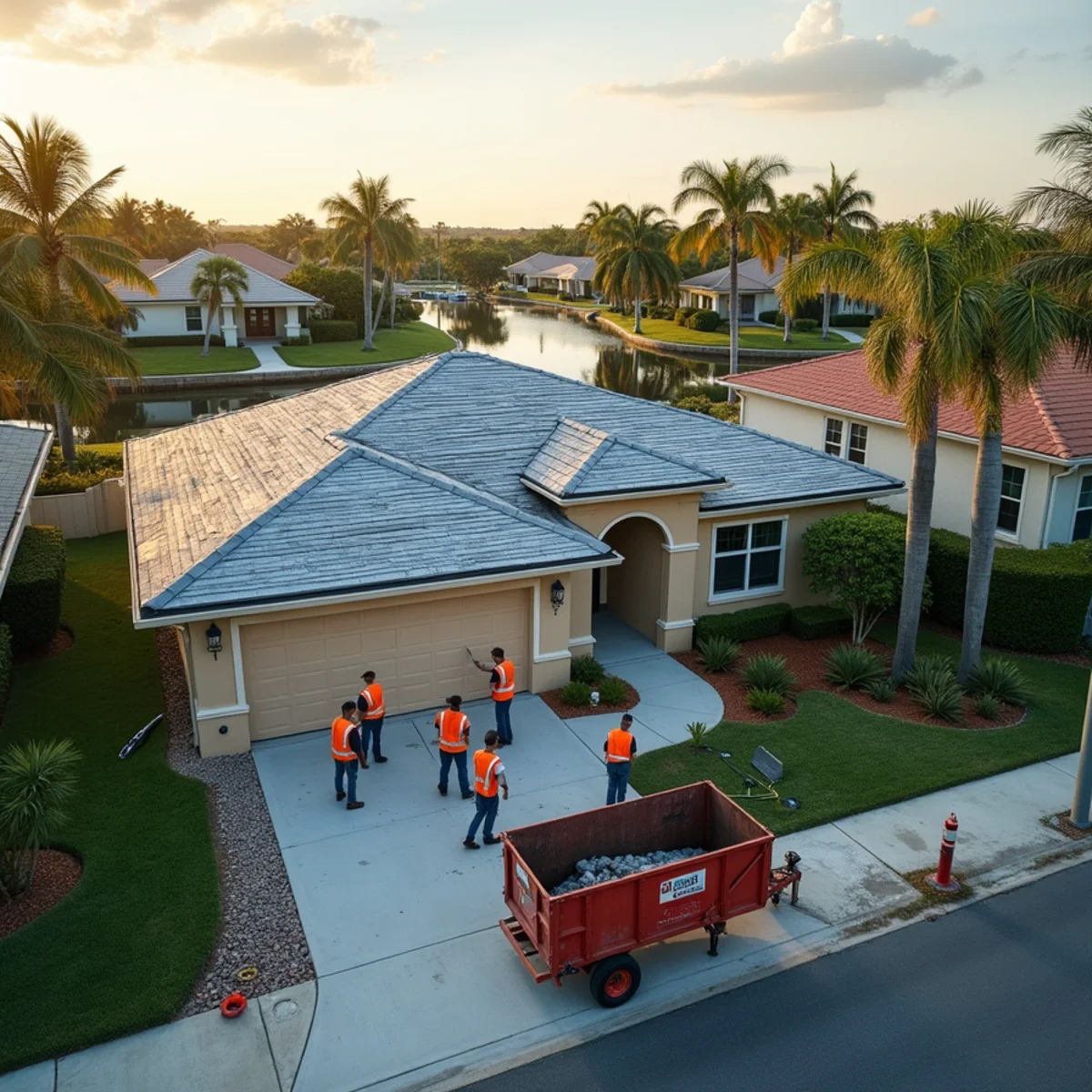 Roofing crew replacing an aging shingle roof on a canal-side home in Royal Palm Beach, FL