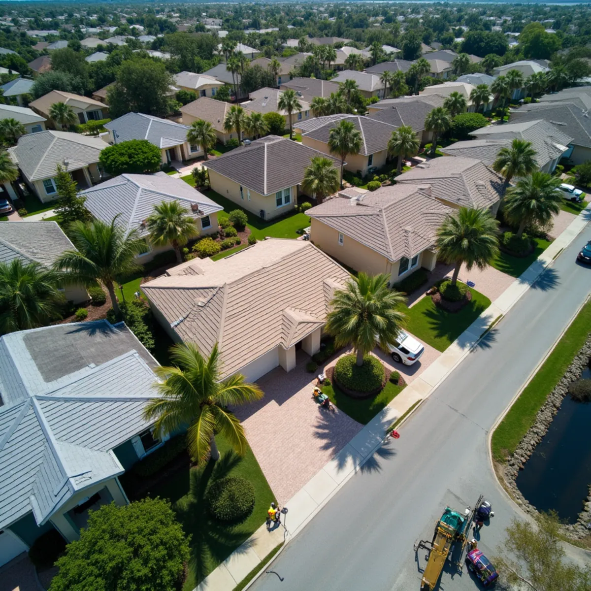 Aerial view of block ranch homes with aging shingle and tile roofs in Sandalfoot Cove, FL