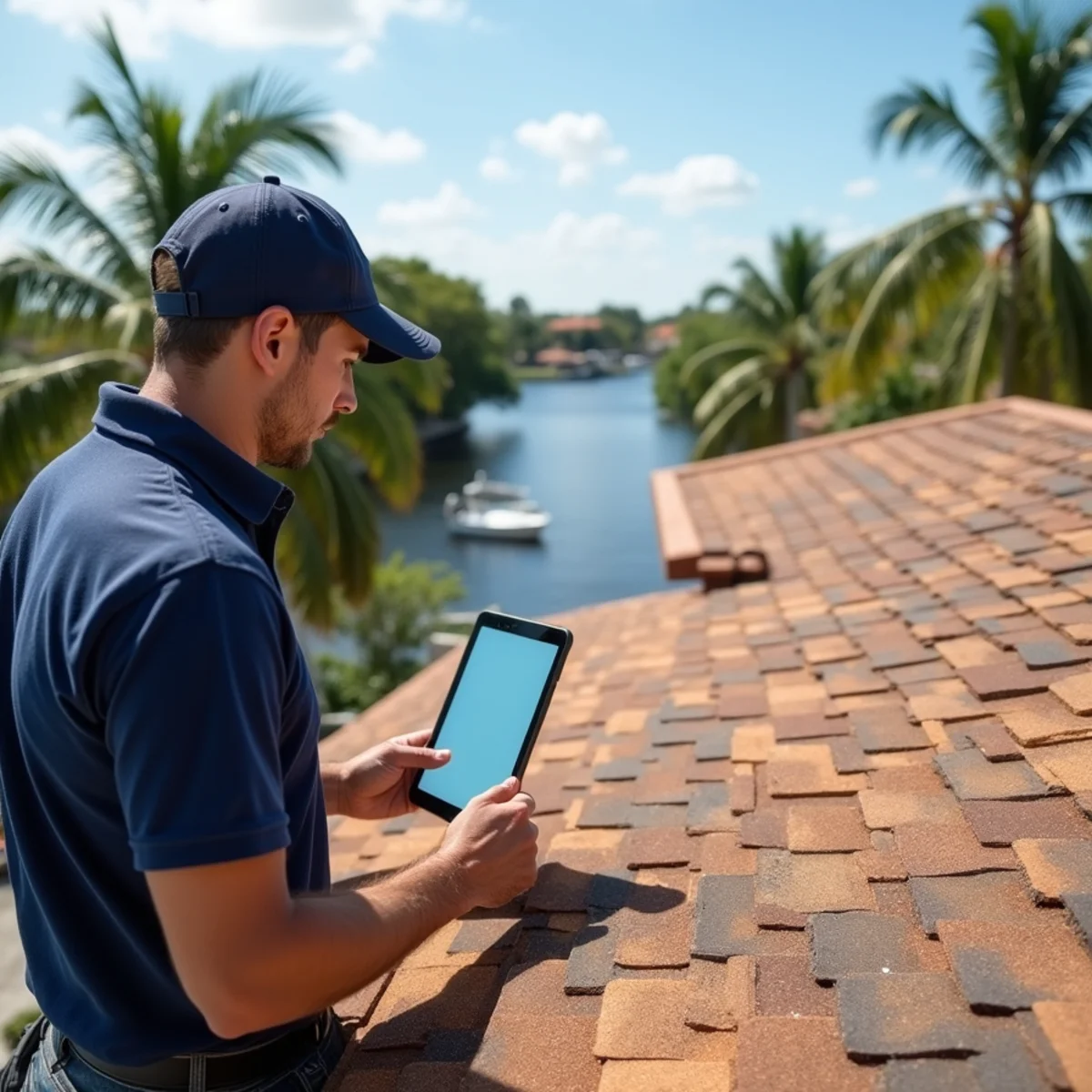 Roofer inspecting an aging shingle roof on a riverfront home in Stuart