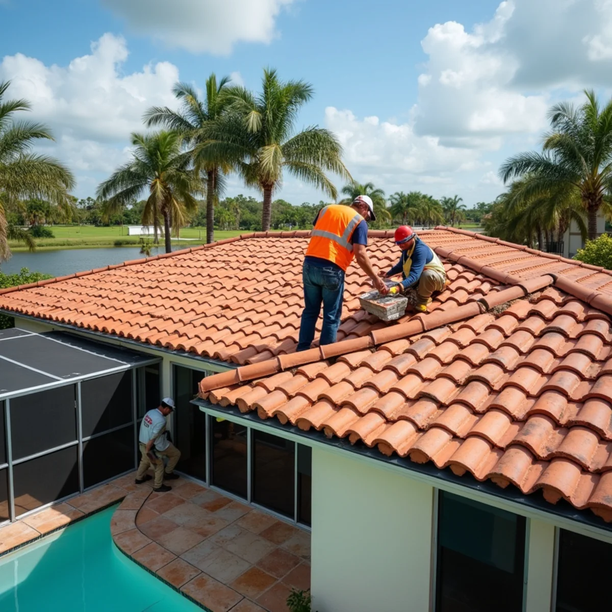 Roofer resetting lifted concrete tiles near the ridge of a Sunrise home