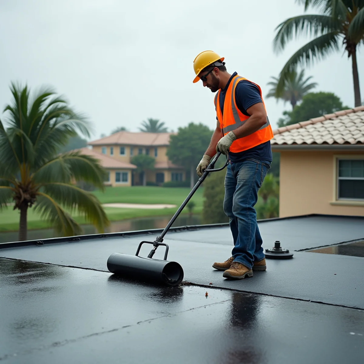 Roofer repairing a flat roof section on a 55+ villa in Tamarac, FL