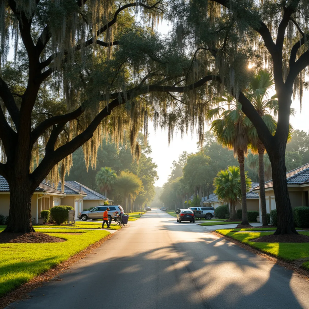 1970s block homes with shingle roofs under oak and pine canopy in Tequesta, FL