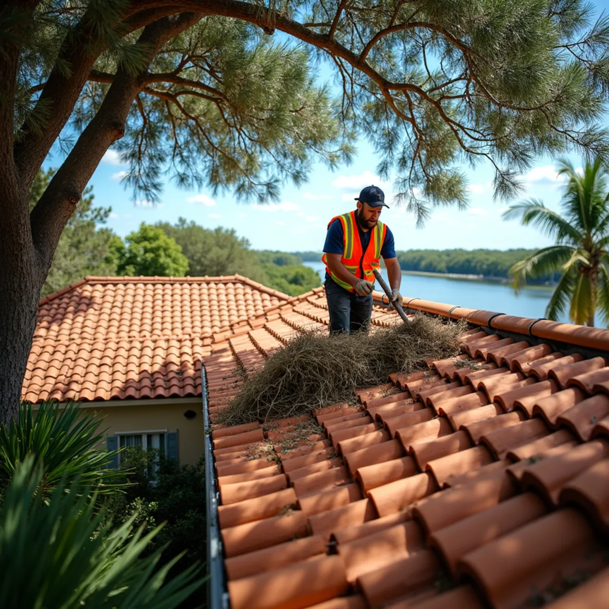 Roofer clearing leaves from a tile roof valley under oak trees in Tequesta, FL