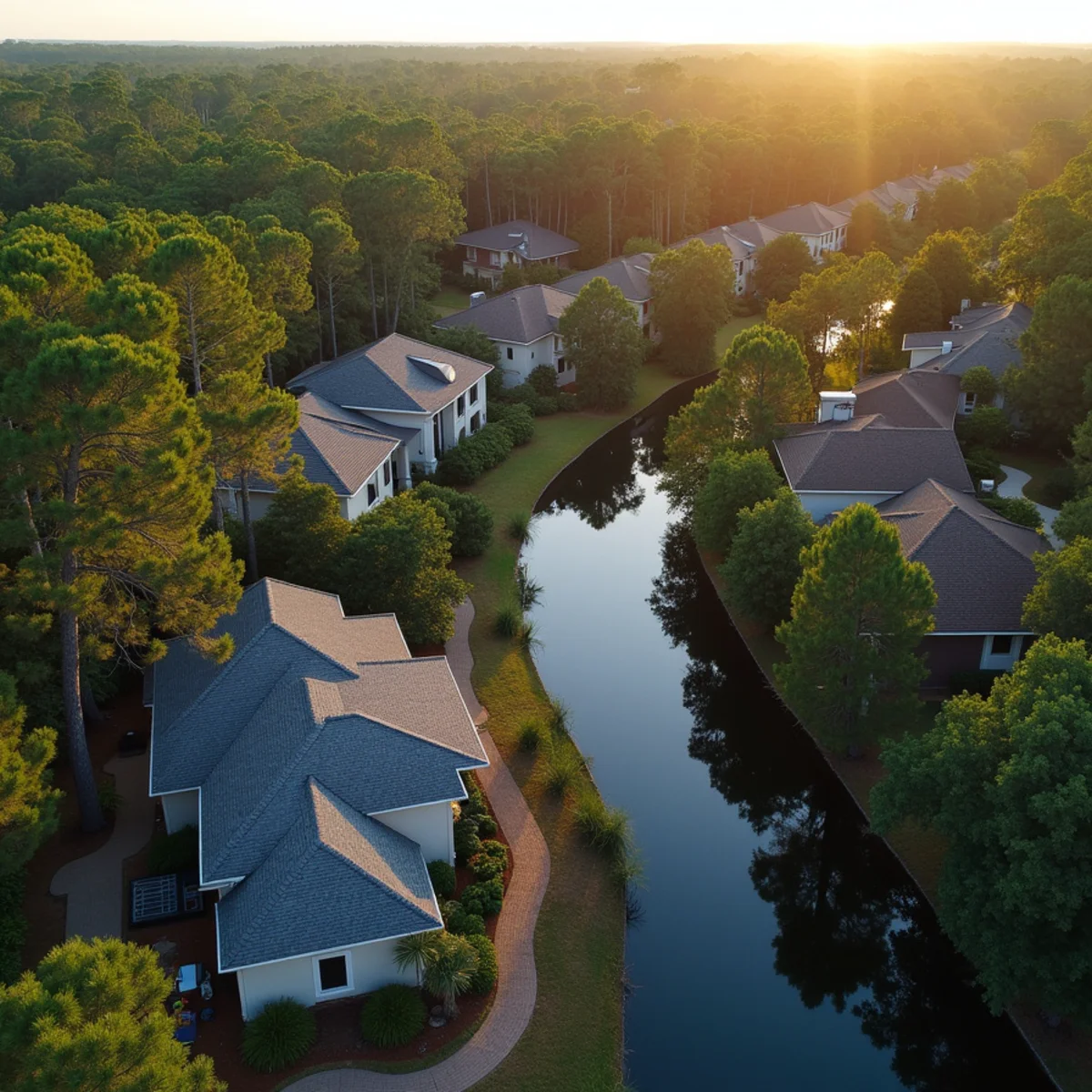 Aerial view of shingle-roofed homes under tall pines on wooded lots in The Acreage, FL