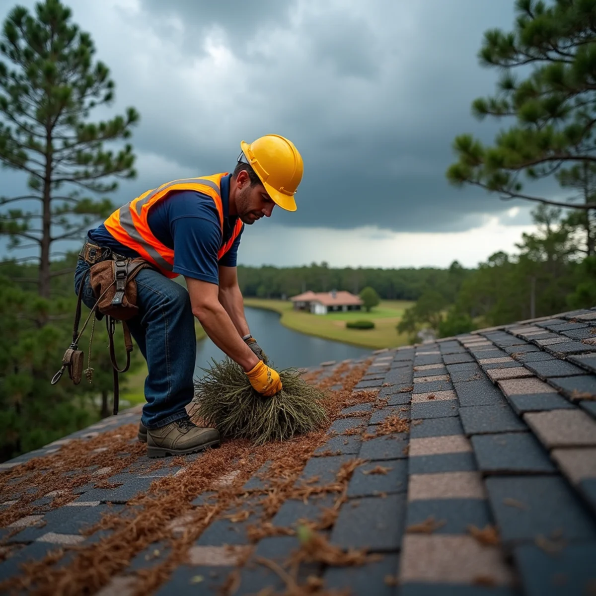 Roofer clearing storm debris from a shingle roof in The Acreage, FL
