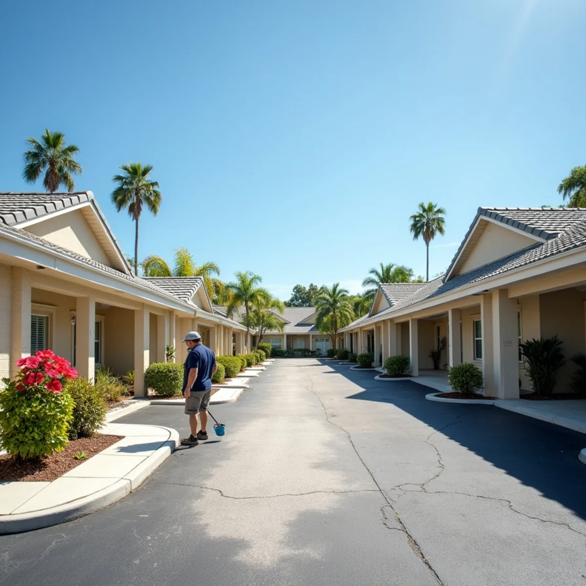 Two long one-story villa buildings with tile and shingle roofs in Villages of Oriole, FL
